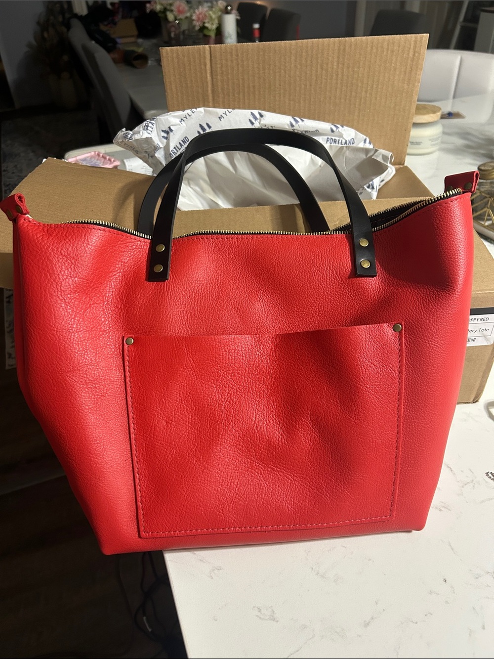 Bright Red Tote with Black Handles and Front Pocket